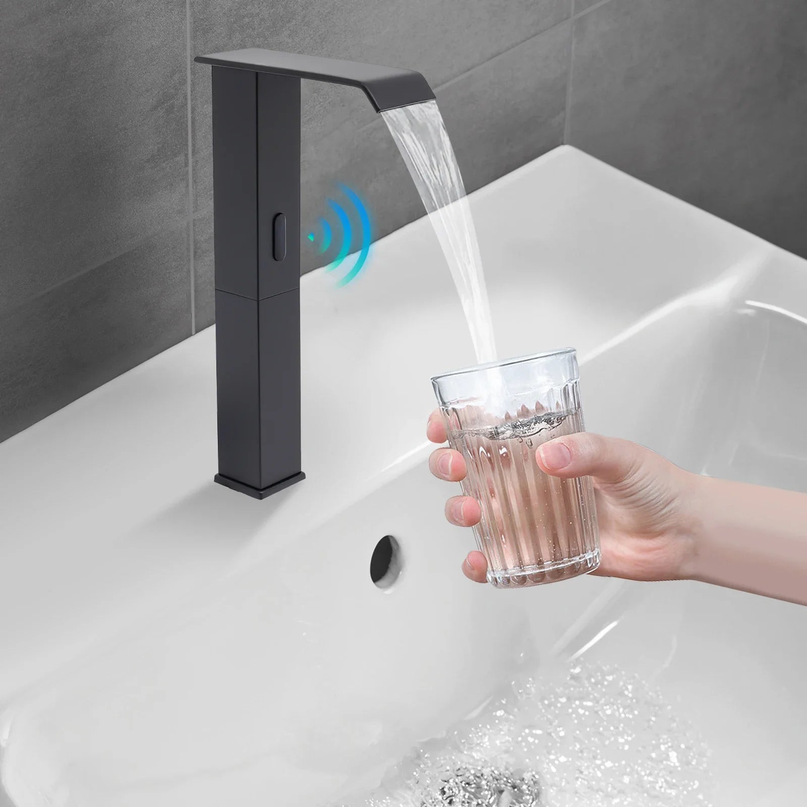 Matte Black Touchless Waterfall Sensor Faucet – One-Hole Kitchen & Bath Upgrade 🖤