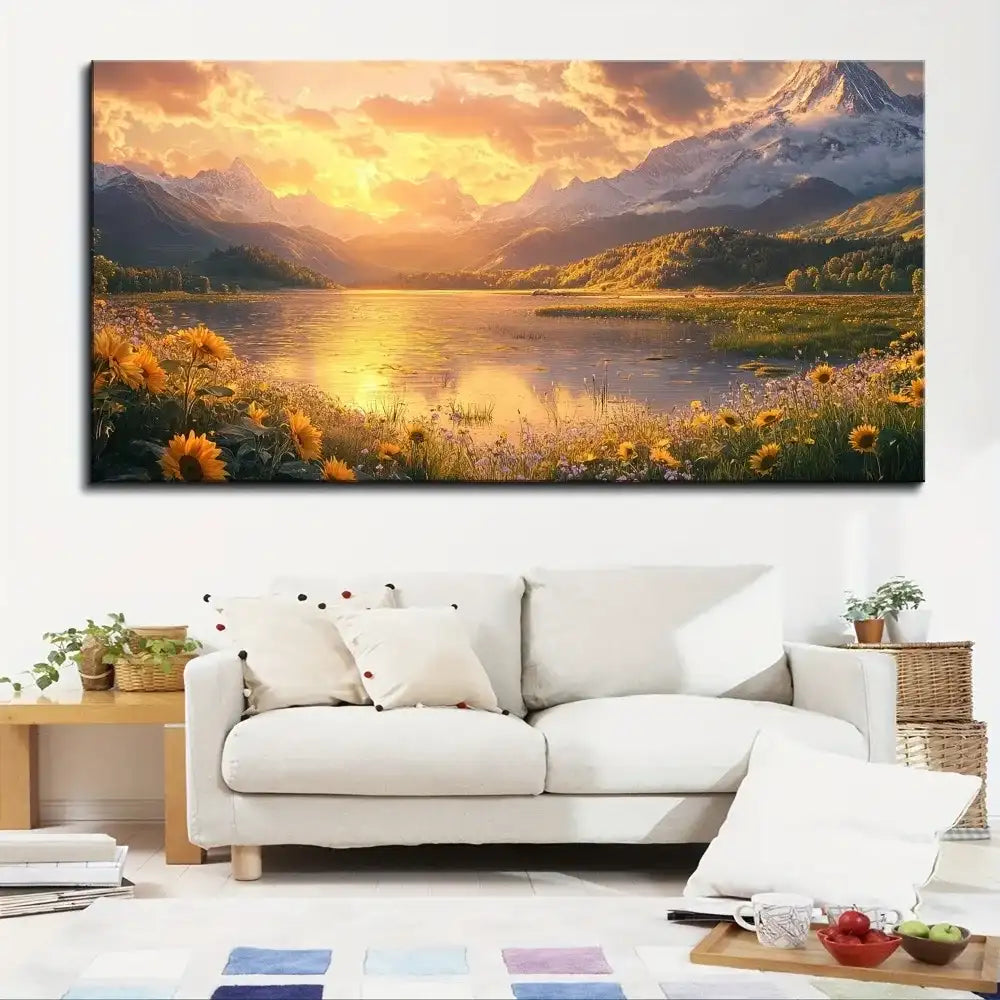 Large Canvas Wall Art – Mountain Landscape with Lake & Floral Accents in Pine Solid Wood Frame (1.5″ Thick)