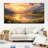 Large Canvas Wall Art – Mountain Landscape with Lake & Floral Accents in Pine Solid Wood Frame (1.5″ Thick)