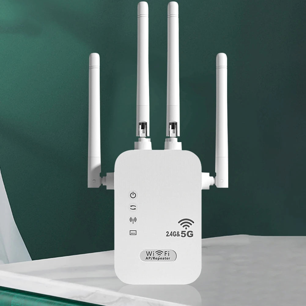 1200Mbps Dual Band WiFi Repeater – 4-Antenna Network Extender with LAN & WAN Ports for Home and Office Coverage