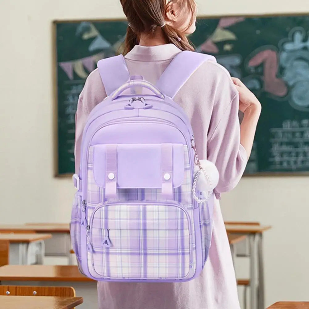 Oxford Fabric Sweet-Color Student Backpack with Plush Doll Pendant – Multi-Compartment School Bag 🏫 🎀