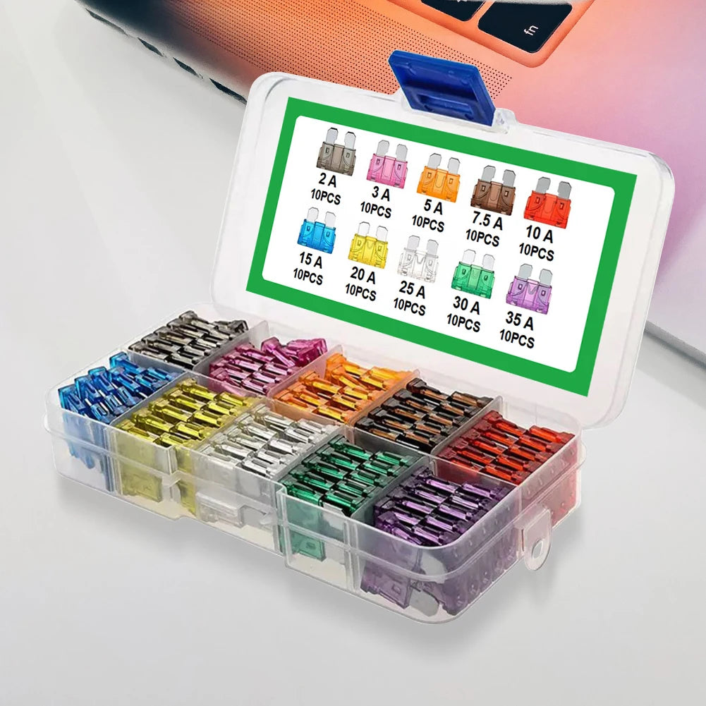10-Type Auto Blade Fuse Kit – 100pcs (2A 3A 5A 7.5A 10A 15A 20A 25A 30A 35A) with Box Organizer