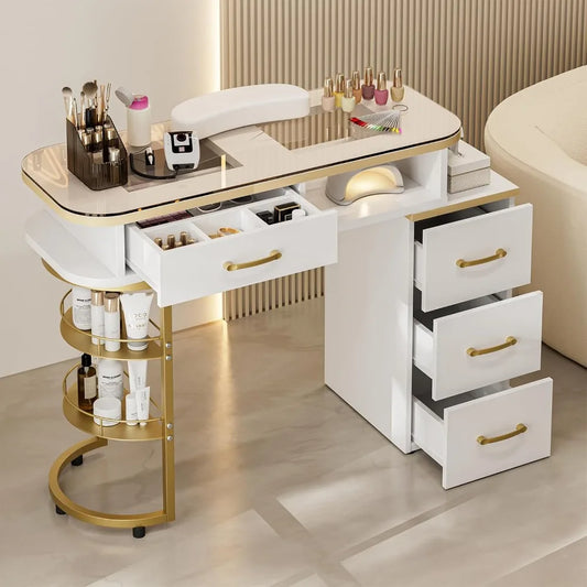 Manicure Table for Nail Tech – Glass Top Nail Desk with 4 Drawers & 2-Tier Storage Shelves, Salon Beauty Workstation