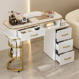 Manicure Table for Nail Tech – Glass Top Nail Desk with 4 Drawers & 2-Tier Storage Shelves, Salon Beauty Workstation