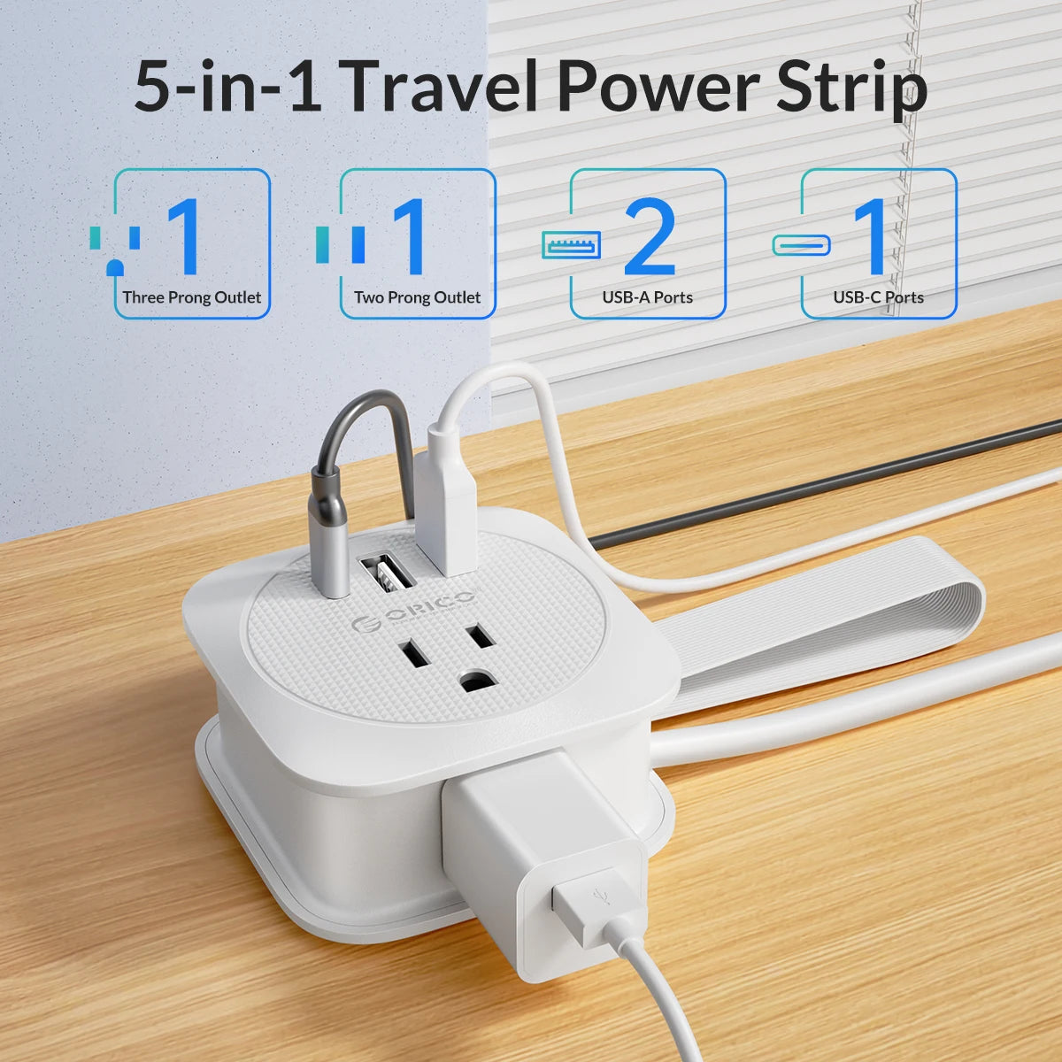 Orico Travel Power Strip – US Plug Extension Socket with 2 USB Ports & Type-C Fast Charge, Compact Multi-Outlet Adapter for Office & Travel