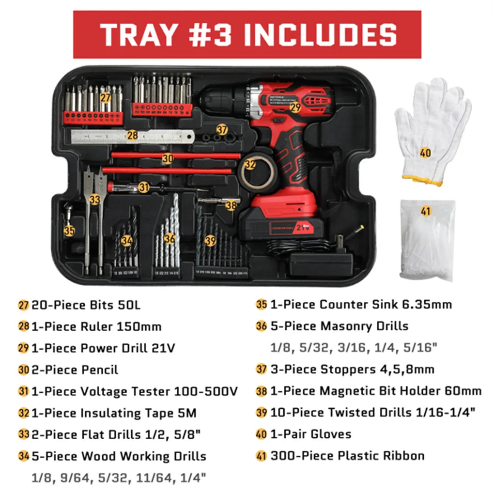 “599-Piece Home Tool Set Kit – Rolling Tool Box with 21V Max Cordless Drill & Mechanic Tools for Auto Repair & DIY”