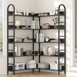 5-Tier L-Shaped Corner Bookcase – White & Gold Modern Display Shelf with Adjustable Feet & Anti-Tip Design
