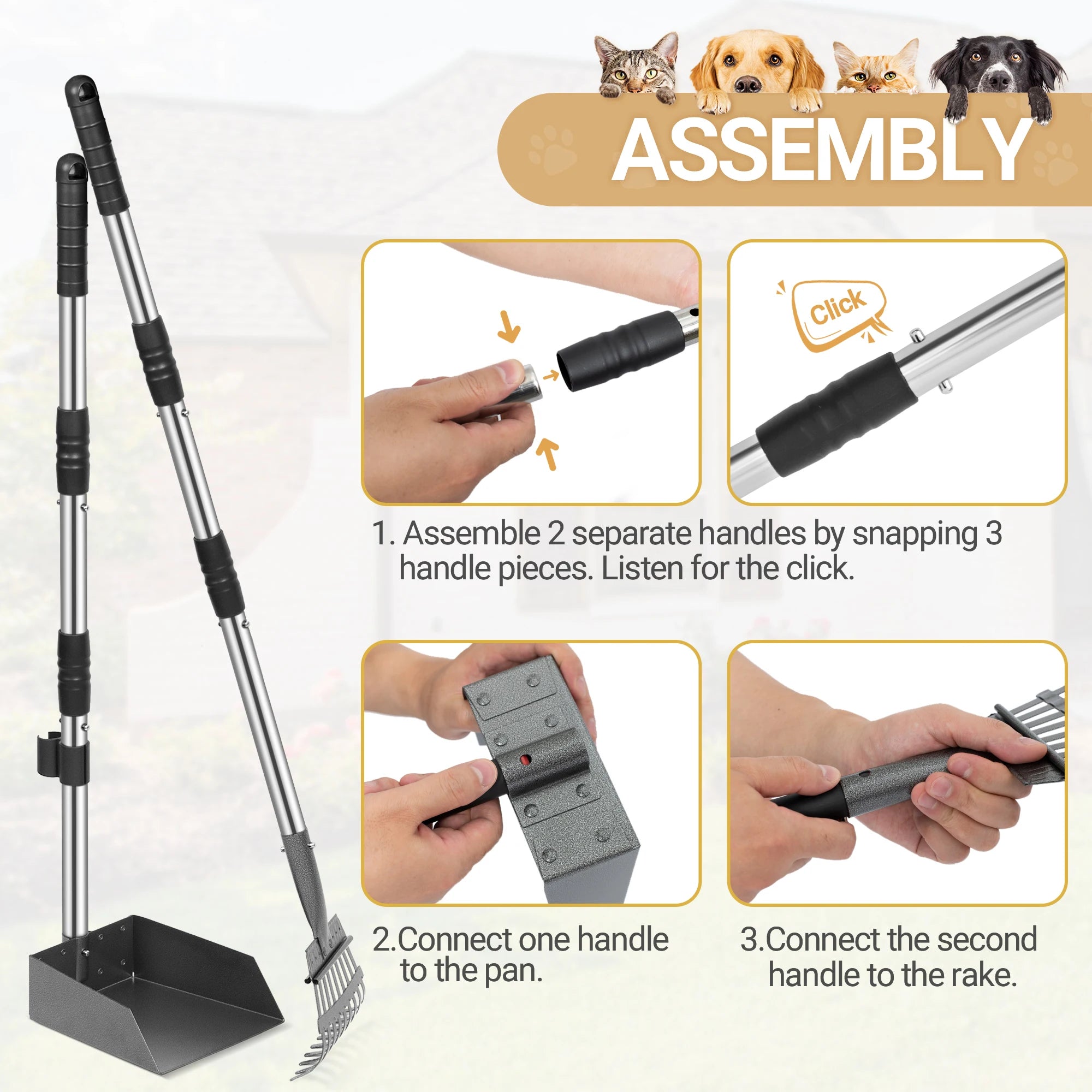 Dog Pooper Scooper Tray & Rake Set – Pet Waste Removal System with Long Adjustable Stainless Steel Handles for Easy Cleanup