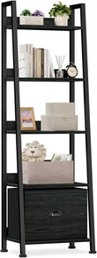5-Tier Ladder Shelf, Ladder Bookshelf with Removable Drawer, Rustic Bookcase Storage Rack Organizer, Wood Metal Freestanding - PulinGO