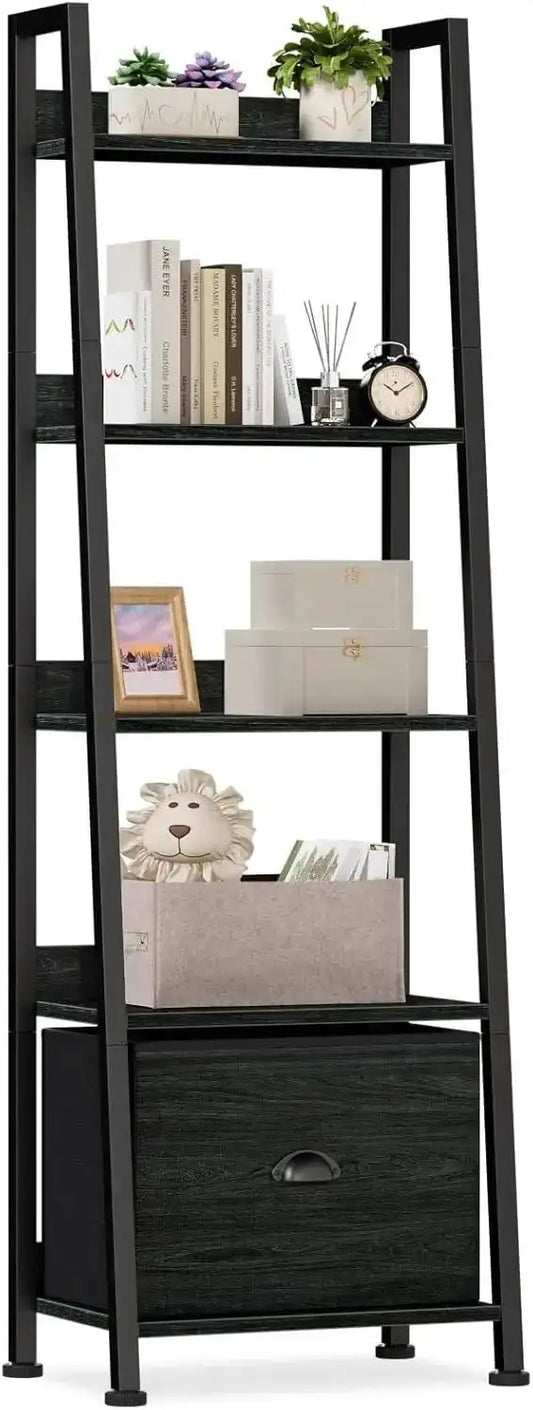 5-Tier Ladder Shelf, Ladder Bookshelf with Removable Drawer, Rustic Bookcase Storage Rack Organizer, Wood Metal Freestanding - PulinGO