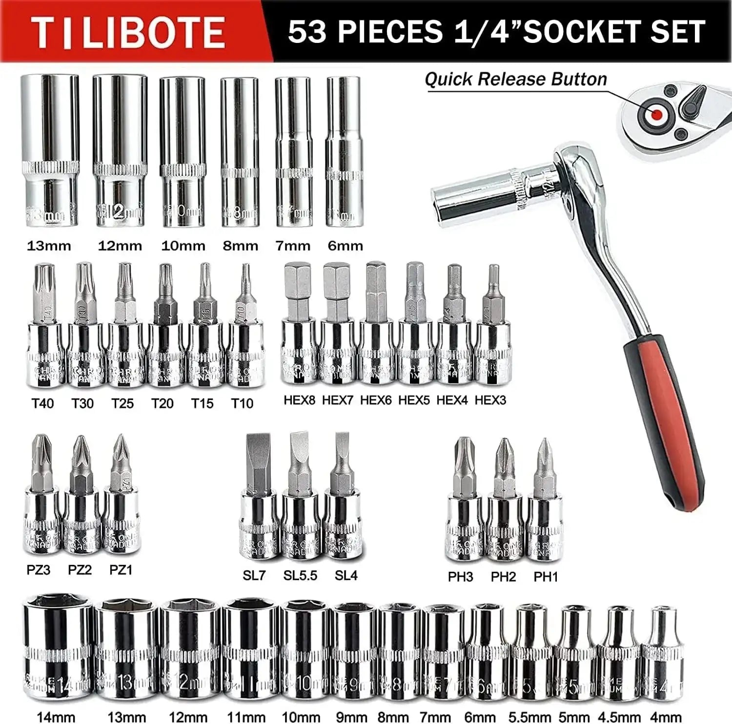 46 Piece 1/4 inch Drive Socket Set – Metric Ratchet Wrench Kit with 4-14 mm CR-V Sockets for Household & Auto Repair