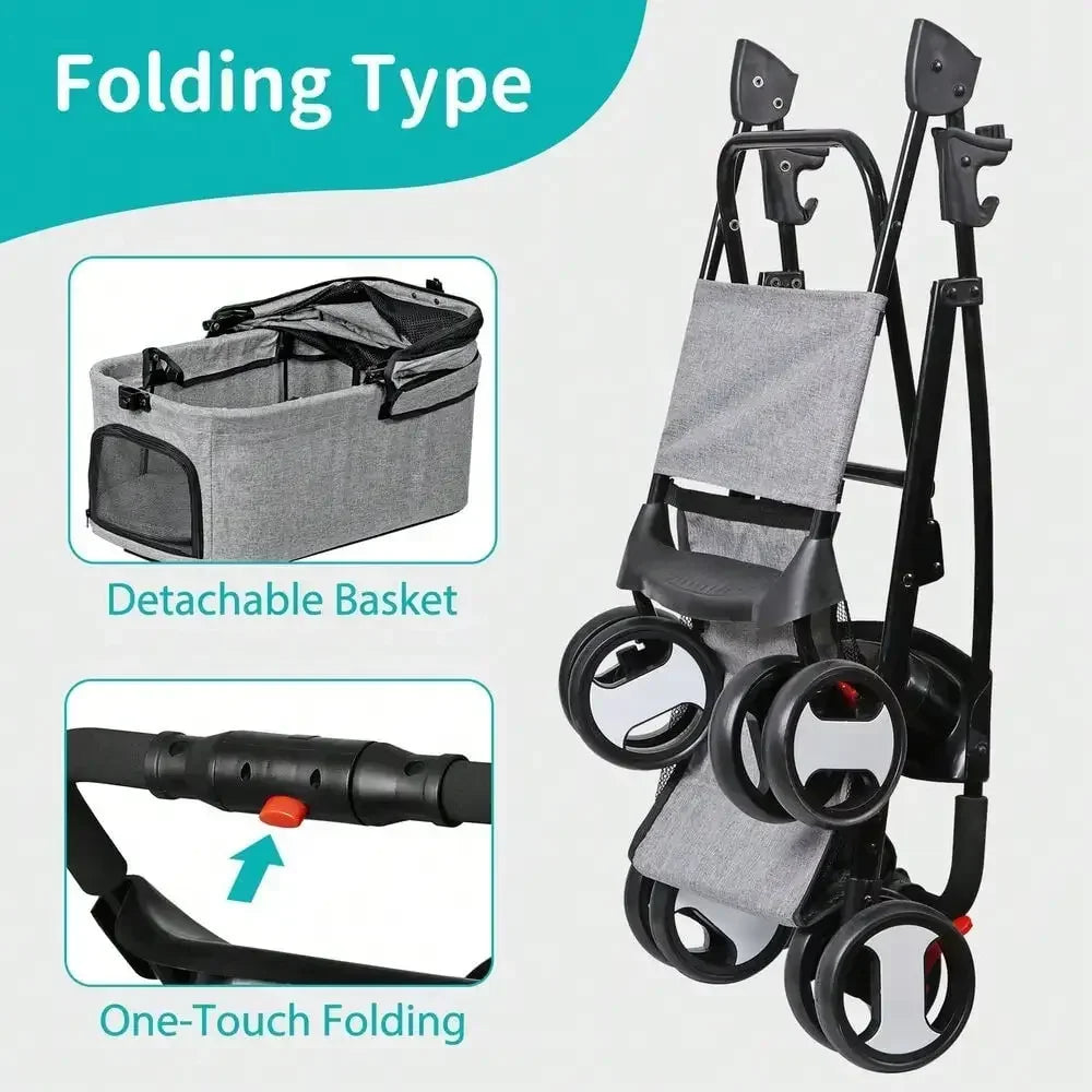 Pet Stroller with Detachable Carrier – Folding Travel Cart for Small Dogs & Cats, 360° Swivel Front Wheels