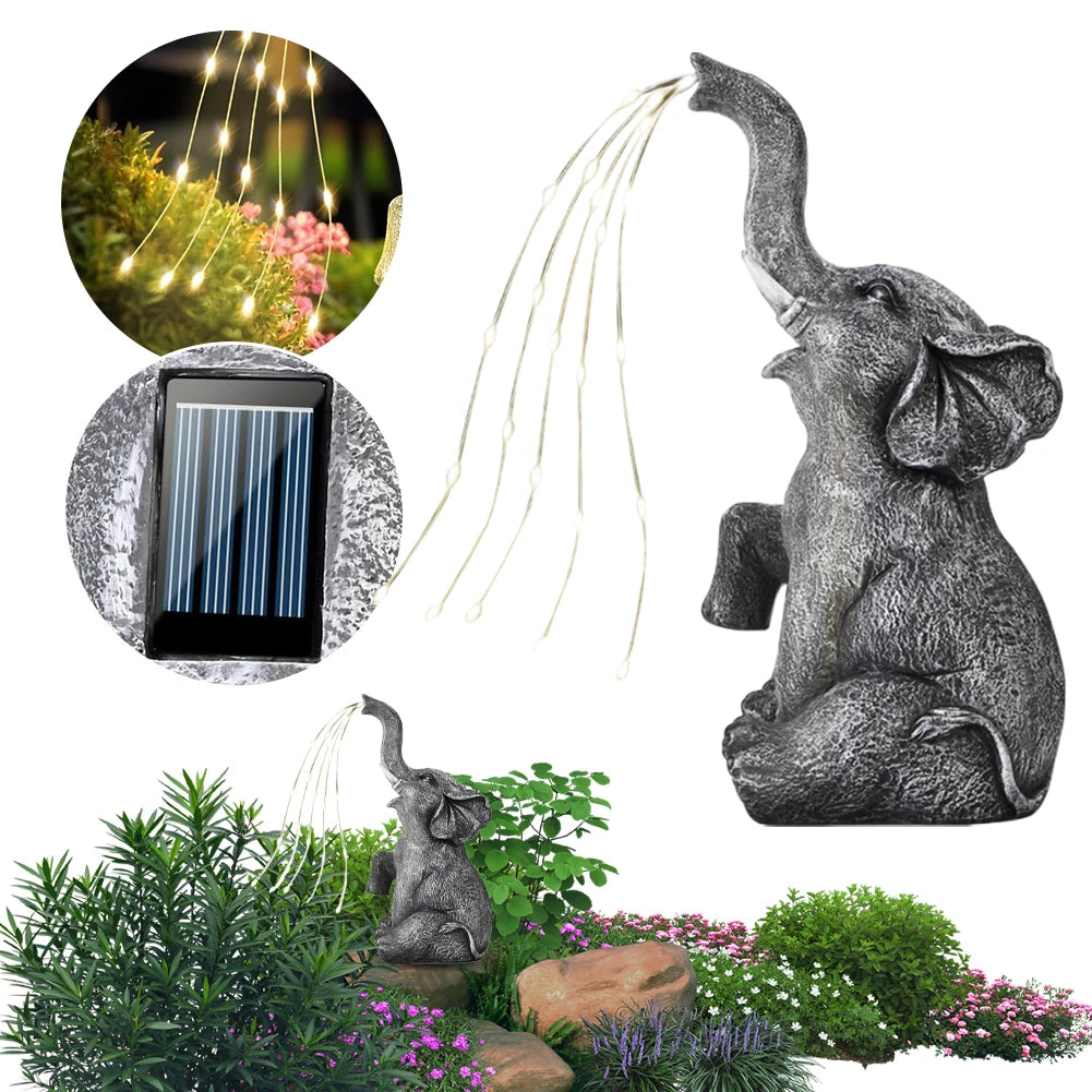 Solar Elephant Garden Ornament with LED String Lights – Outdoor Resin Elephant Sculpture for Yard, Patio & Pathway Décor