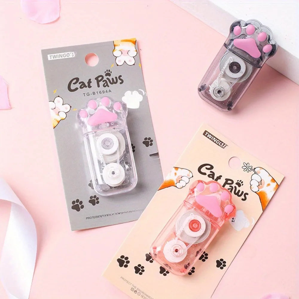 3-Piece Cute Cat Paw Correction Tape Set – White-Out Roller for School & Office