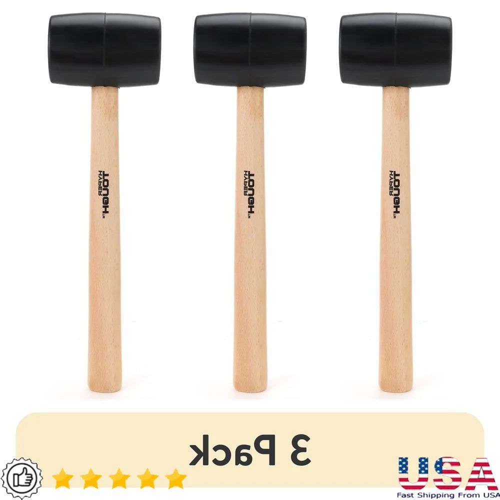 16oz Rubber Mallet with Wood Handle (3-Pack) – Ergonomic Soft Strike Hammer for Furniture Assembly, Cabinet Work & Auto Repair