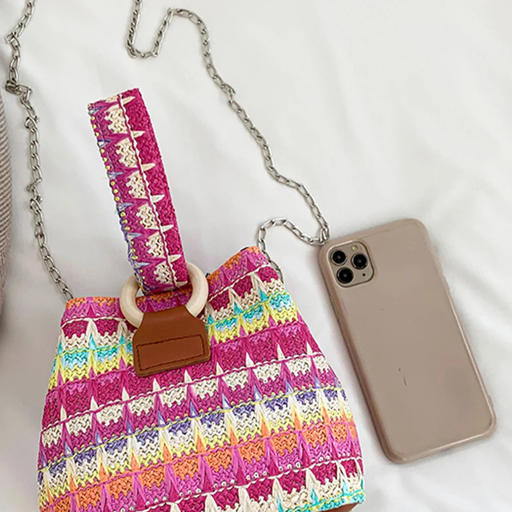 Women’s Colorful Straw Crossbody Satchel — Summer Woven Bucket Messenger Bag & Phone Clutch