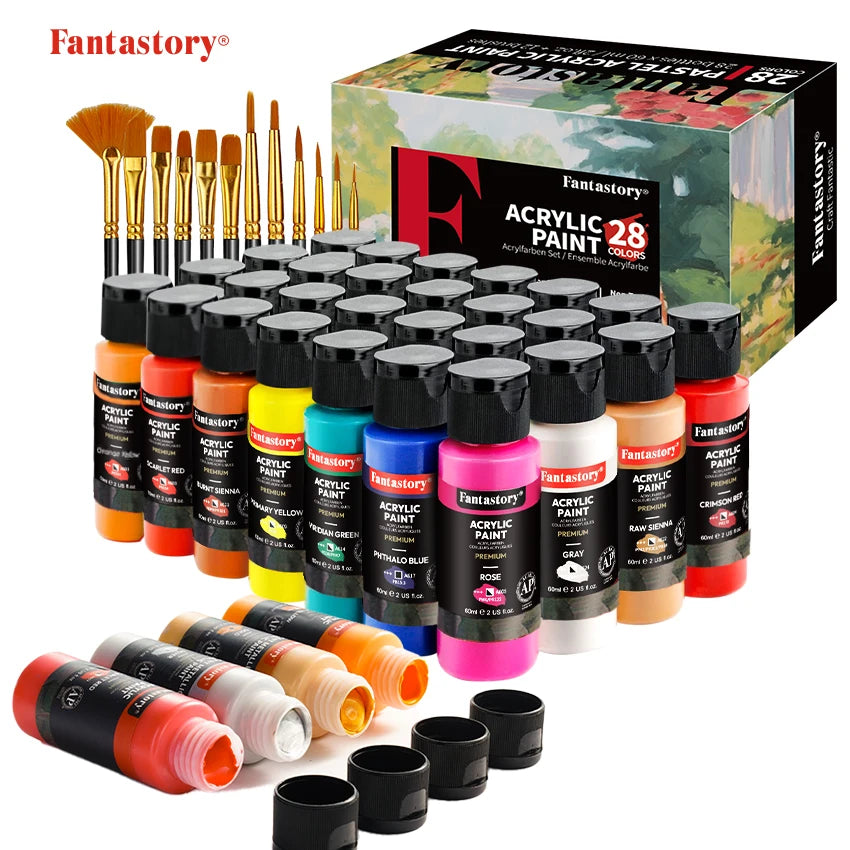 Fantastory 28-Color Acrylic Paint Set – Professional Artist Craft Kit with 12 Brushes for Canvas, Wood & Stone 🎨