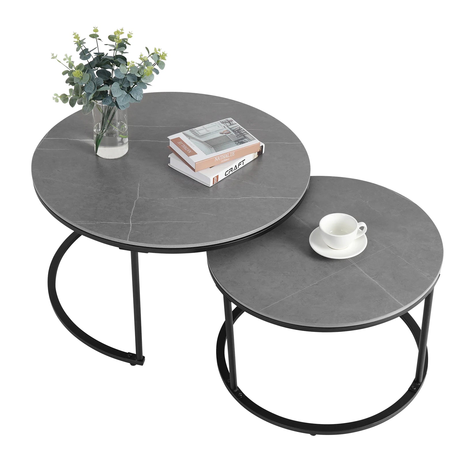 Set of 2 Real Marble Round Nesting Coffee Tables – Grey Accent Side Tables with Metal Legs & Waterproof Surface ☕⚪