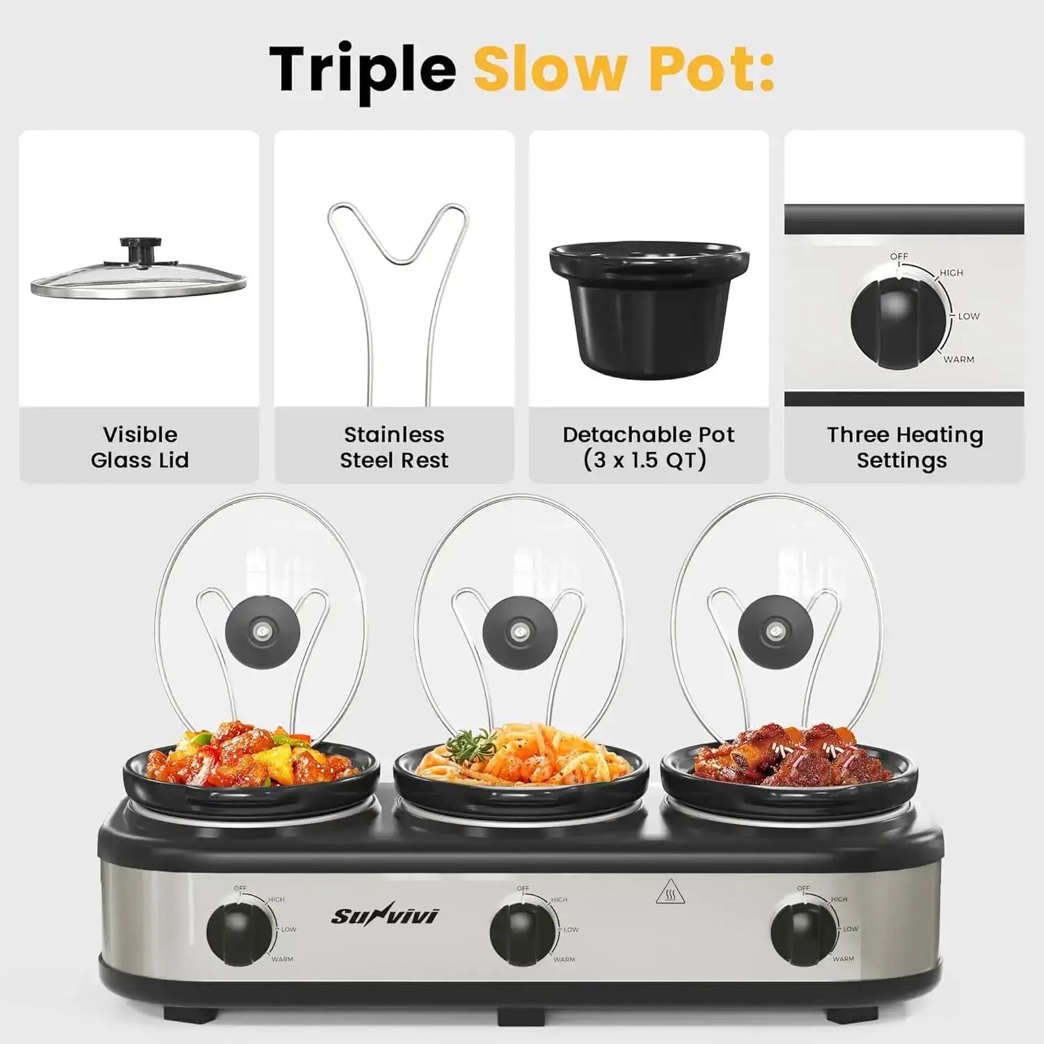 Triple Slow Cooker Buffet Server & Food Warmer – 3-Section Mini Pot with 3 Adjustable Temps & Glass Lids