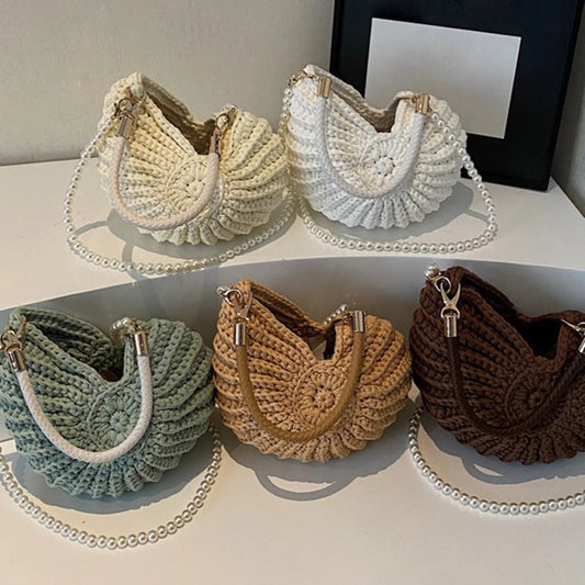 Women’s Handwoven Seashell Beach Bag – Boho Summer Shoulder & Crossbody Clutch with Pearl Chain for Travel & Vacation