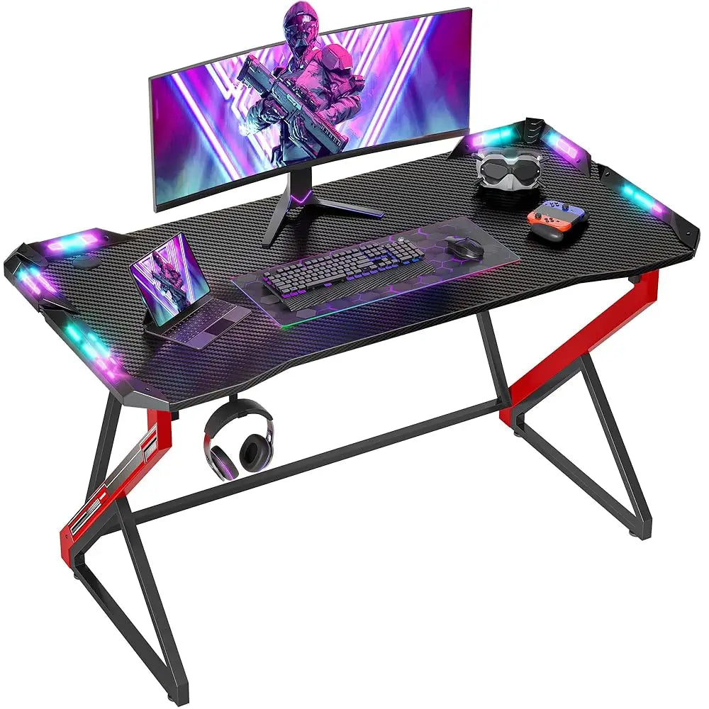 40″ Gaming Desk with LED Lights – Z-Shaped Gamer Workstation Table with Carbon Fiber Surface for PC & Accessories