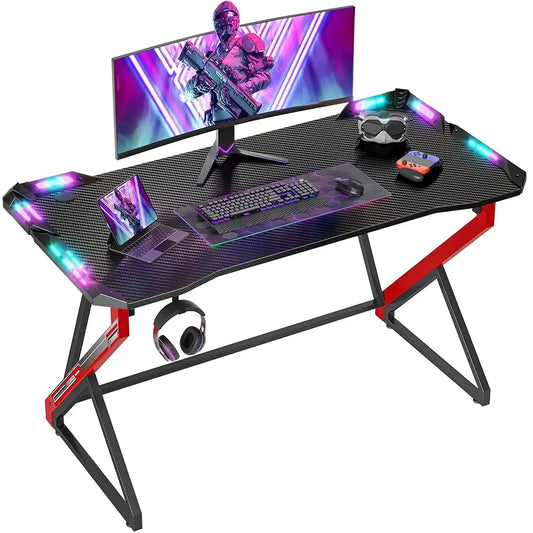 40″ Gaming Desk with LED Lights – Z-Shaped Gamer Workstation Table with Carbon Fiber Surface for PC & Accessories
