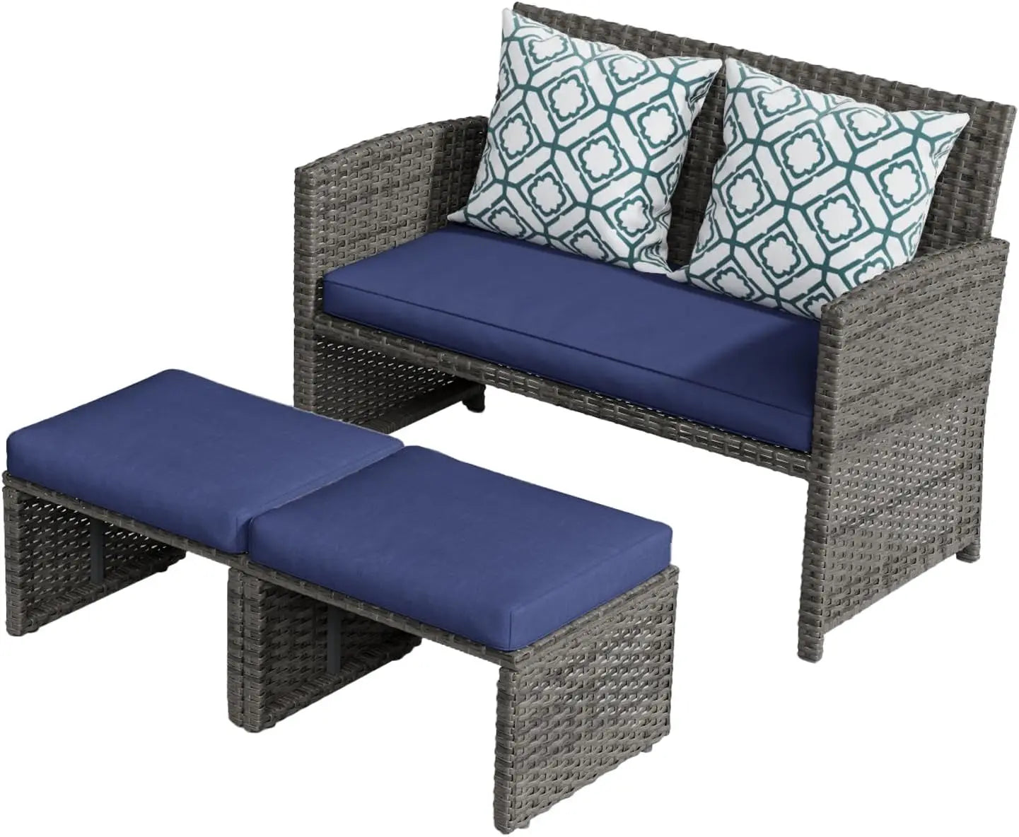 3-Piece Casual Patio Furniture Set – Gray Rattan Loveseat with Ottomans & White Cushions | Outdoor Wicker Conversation Set for Porch & Garden