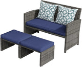 3-Piece Casual Patio Furniture Set – Gray Rattan Loveseat with Ottomans & White Cushions | Outdoor Wicker Conversation Set for Porch & Garden