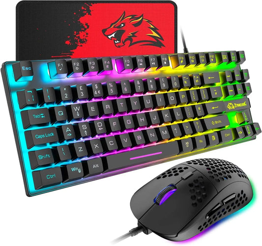 Gaming Keyboard and Mouse Combo – 88-Key Compact Rainbow Backlit Keyboard with RGB 6,400 DPI Honeycomb Lightweight Mouse