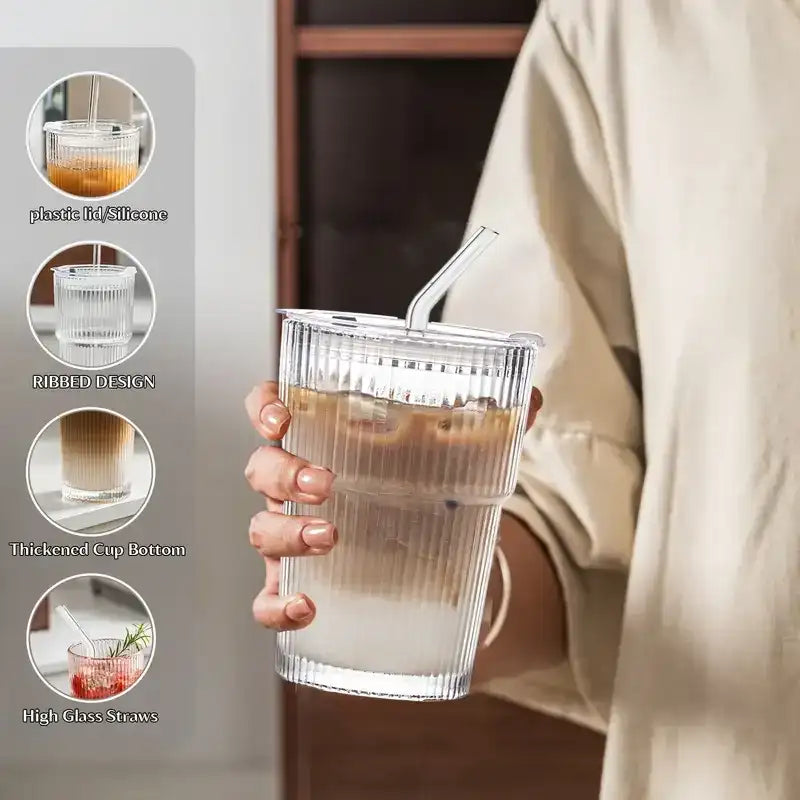 “12oz Iced Coffee Cups with Lids & Straws – 6-Pack Reusable Non-Fragile Drinking Cups for Iced Coffee, Tea & Juice”