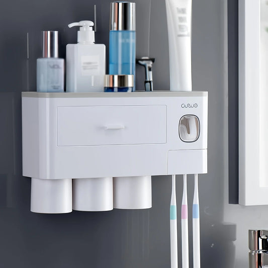 Wall-Mounted Toothbrush Holder with Toothpaste Dispenser & Cosmetic Drawer – Bathroom Organizer (White)
