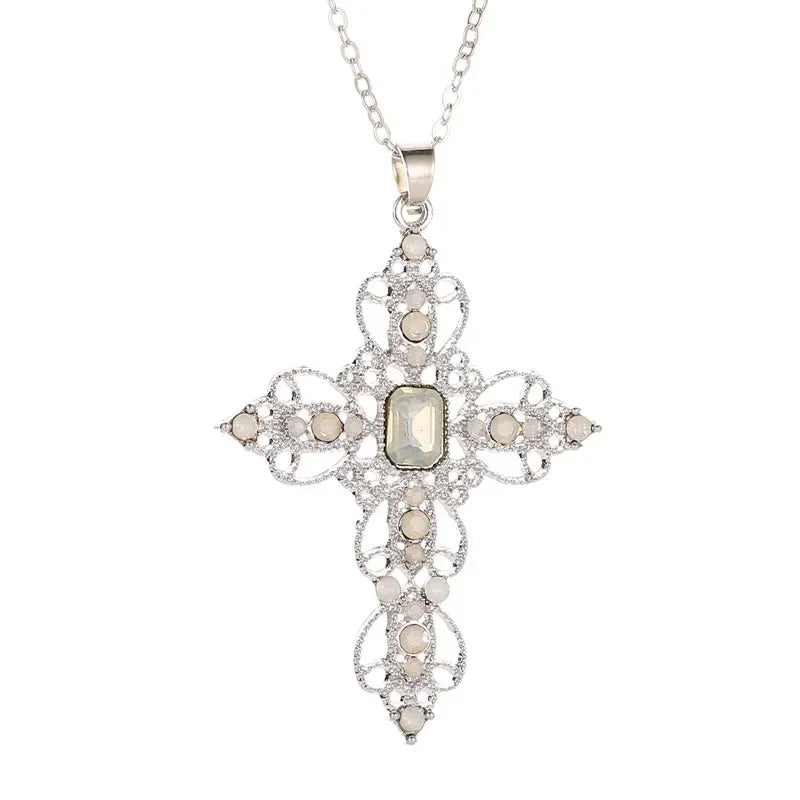 Gothic Zircon Cross Necklace – Unisex Y2K Large Pendant with Irregular Crystal Design for Men & Women