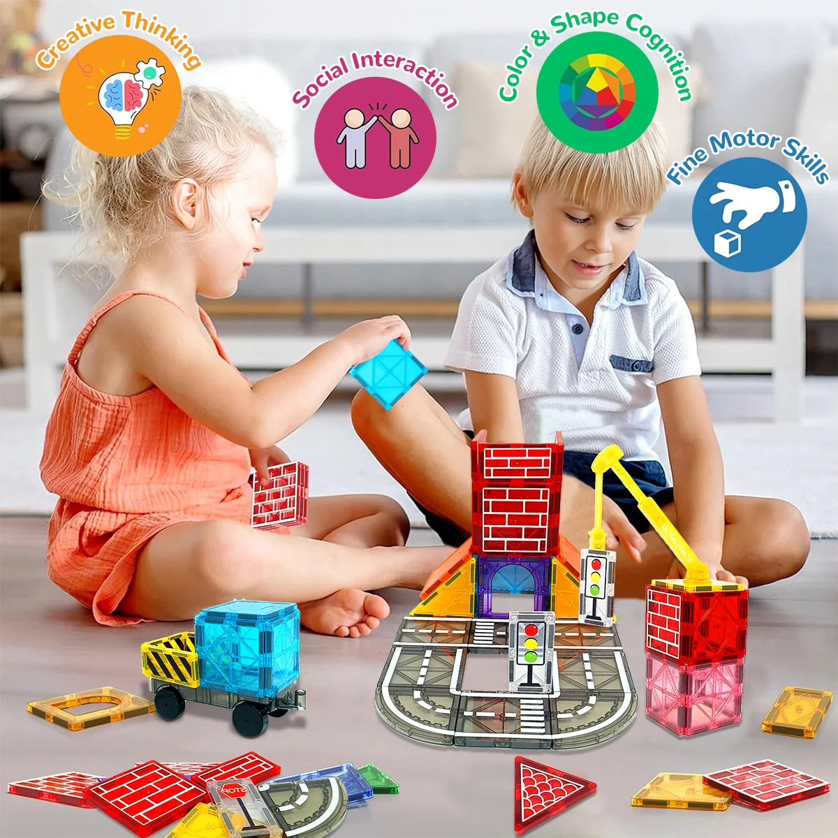 Magnetic Road Set with Car Toys – Creative Magnet Building Blocks Construction Kit for Toddlers, Educational STEM Gift for Boys & Girls