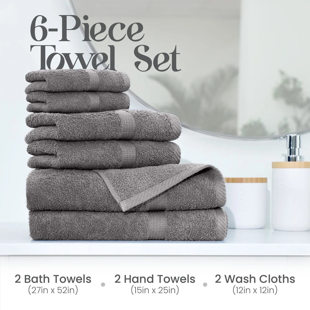 6-Piece 600 GSM 100% Cotton Towel Set – Ultra-Absorbent, Soft Bath Towels for Shower & Pool