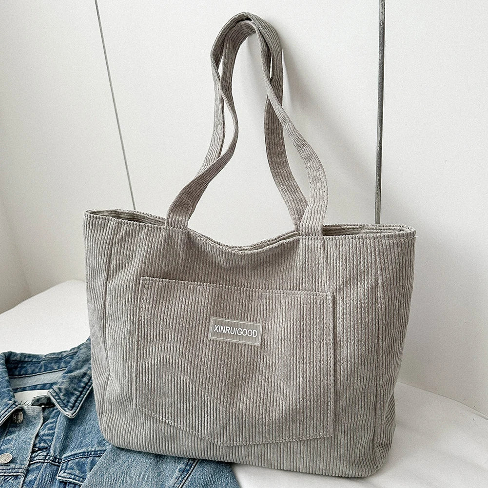 Women’s Corduroy Tote Bag with Pockets – Large-Capacity Shoulder Handbag for School, Work & Shopping
