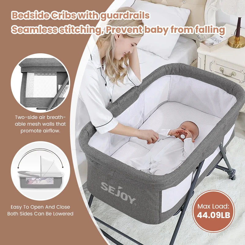 3-in-1 Baby Travel Cot & Crib – Convertible Folding Bed with Mosquito Net, Soft Mattress Pad & Silent Wheels