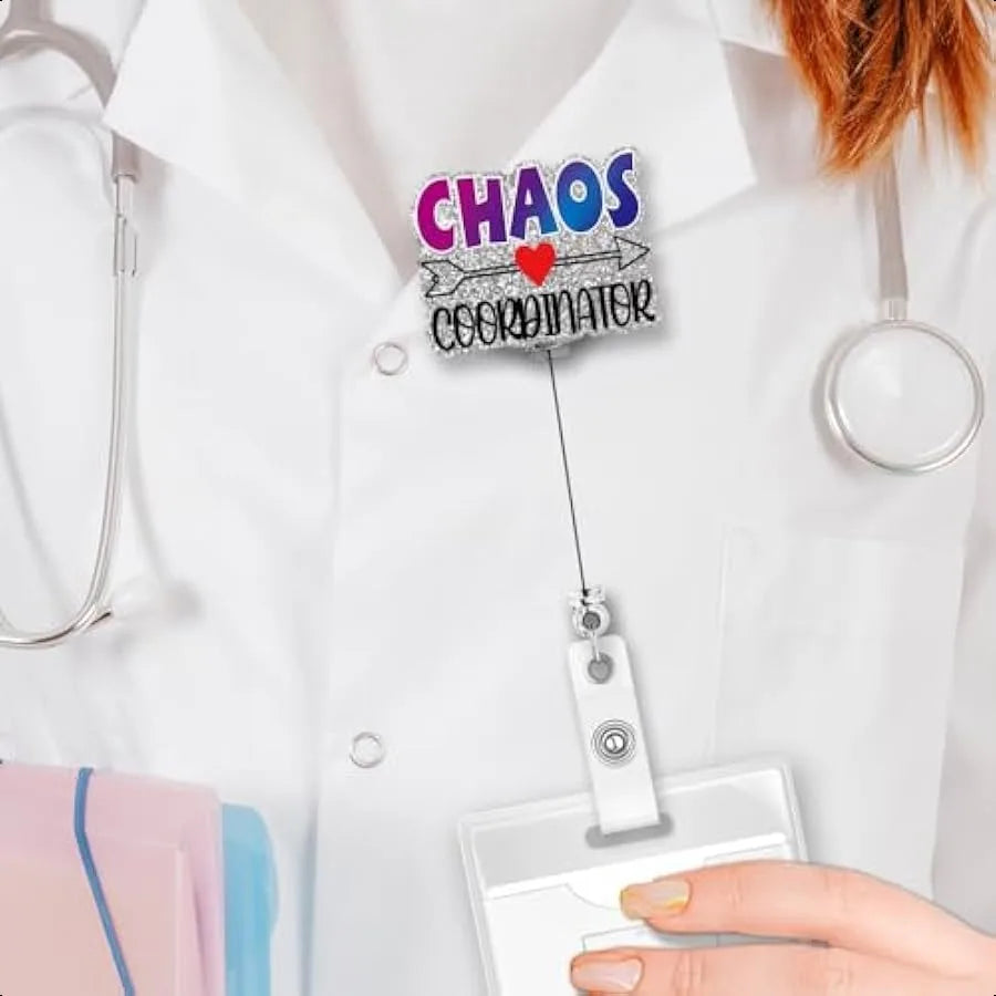✨ Funny “Chaos Coordinator” Badge Reel – Silver Glitter Retractable ID Holder with Clip for Nurses, Doctors & Office Staff