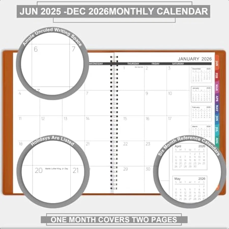 2025–2026 Monthly Planner – 18-Month Faux Leather Calendar with Notes Pages & Twin-Wire Binding 📔