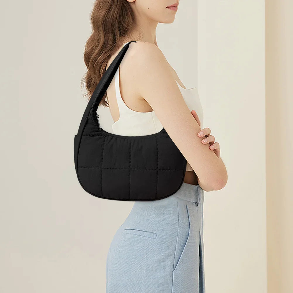 Puffer Crescent Bag – Quilted Nylon Underarm & Hobo Shoulder Bag with Adjustable Strap for Women 👜✨