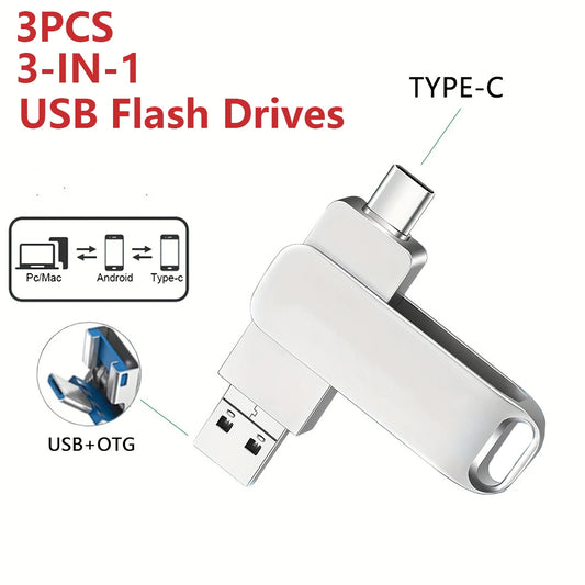 3-Pack 3-in-1 USB Flash Drives – High-Speed Metal Type-C Pen Drives 128GB/64GB/32GB/16GB/8GB for PC, Laptops & Tablets