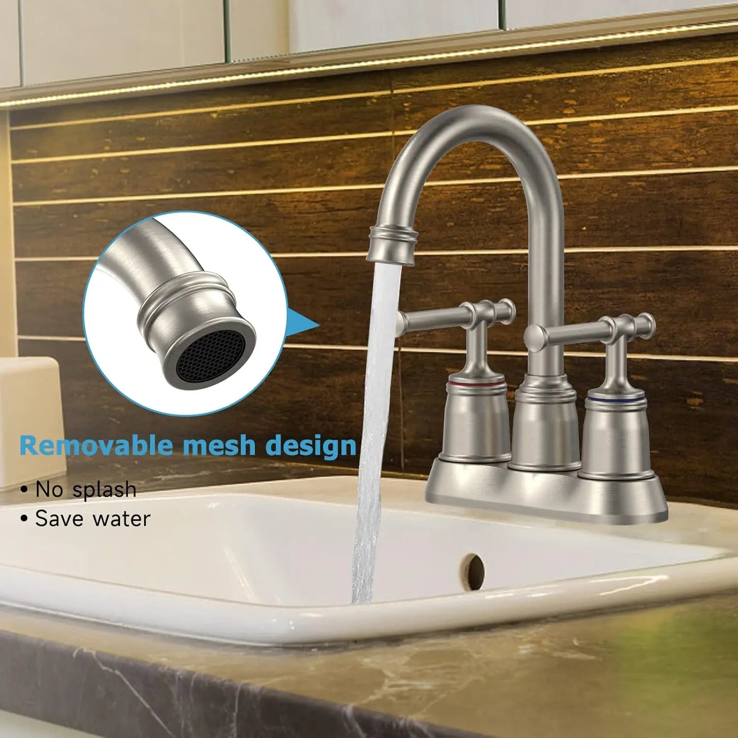 Brushed Nickel 4-Inch Centerset 2-Handle Faucet with Pop-Up Drain & 360° Swivel Spout
