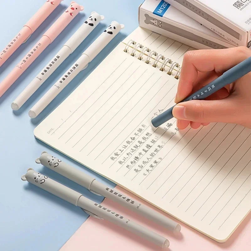 Animals Panda Erasable Gel Pen Set – 12-Piece 0.5 mm Blue/Black Ink Cartoon Stationery Kit