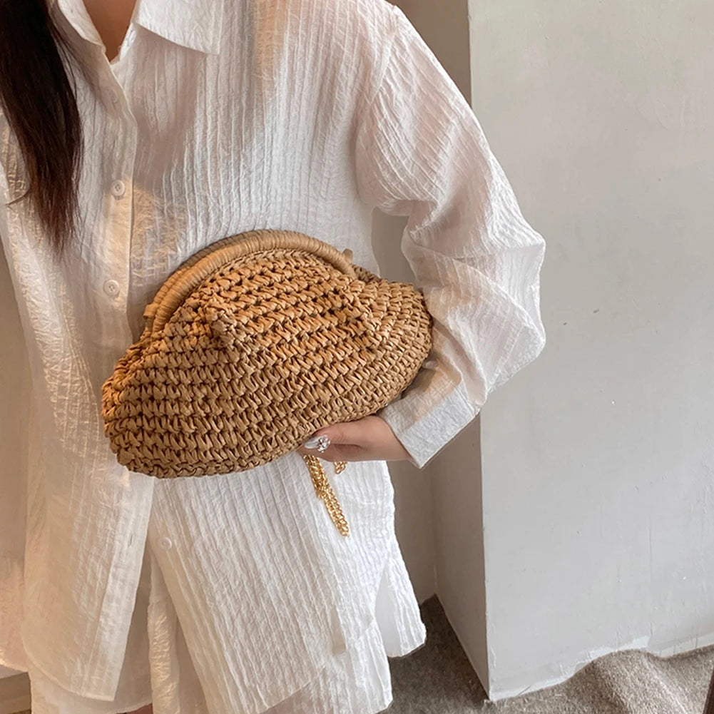 Women Straw Woven Bag with Chain Strap – Large Capacity Fashion Shoulder Satchel for Party & Vacation