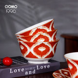 12-Piece Porcelain Dinnerware Set – “Red Flame” Pattern Ceramics Tableware with Bowls, Soup Plates & Fruit Plates