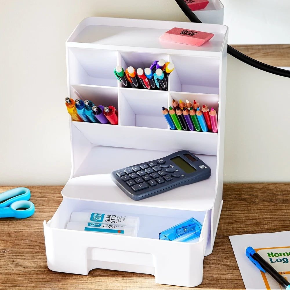 White Tall Plastic Desktop Organizer with Drawer – Space-Saving Storage for Office & School