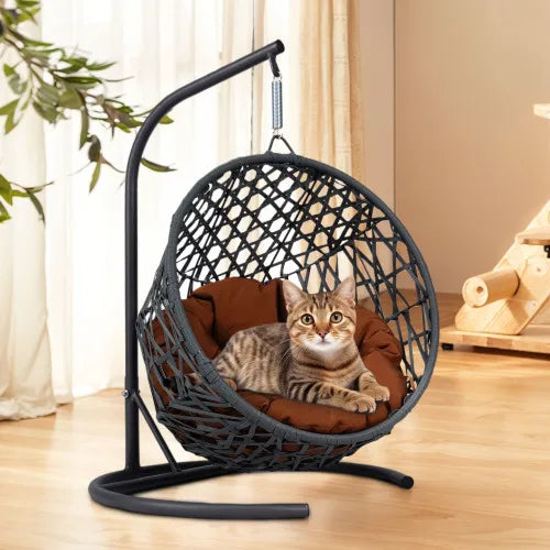 Cat Swing Bed with Stand – Indoor Hanging Egg Chair with Cushion, Rattan Wicker Style Swinging Pet Bed for Cats & Small Dogs