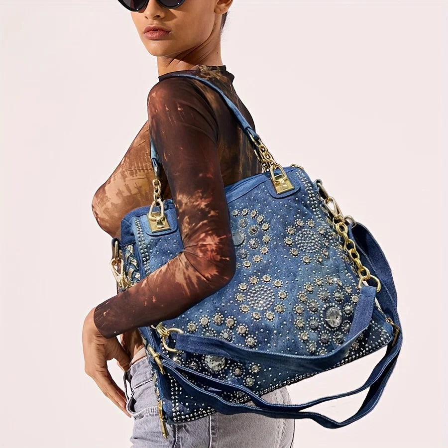 Gradient Diamond-Embellished Large Tote Bag – Elegant Floral Shoulder Bag for Women