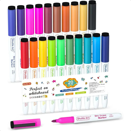 Magnetic Whiteboard Markers – 20-Pack Fine Tip Dry Erase Pens with Built-In Erasers for Whiteboards & Glass Boards ✍️