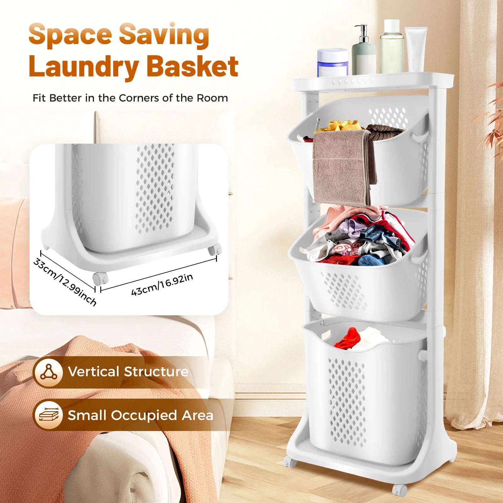 3-Tier Rolling Laundry Basket with 4 Wheels – Large Capacity Dirty Clothes Sorter & Organiser
