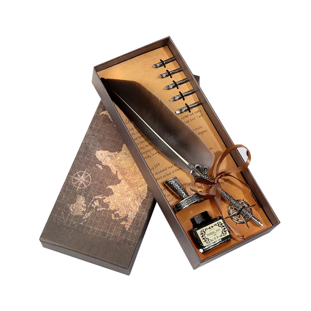 ✒️ Retro Vintage Calligraphy Feather Dip Pen Set – Quill Fountain Pen with Ink for Writing, Crafts & Gifts